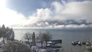 A waterfront view with a dock, boats, and snow-covered trees.