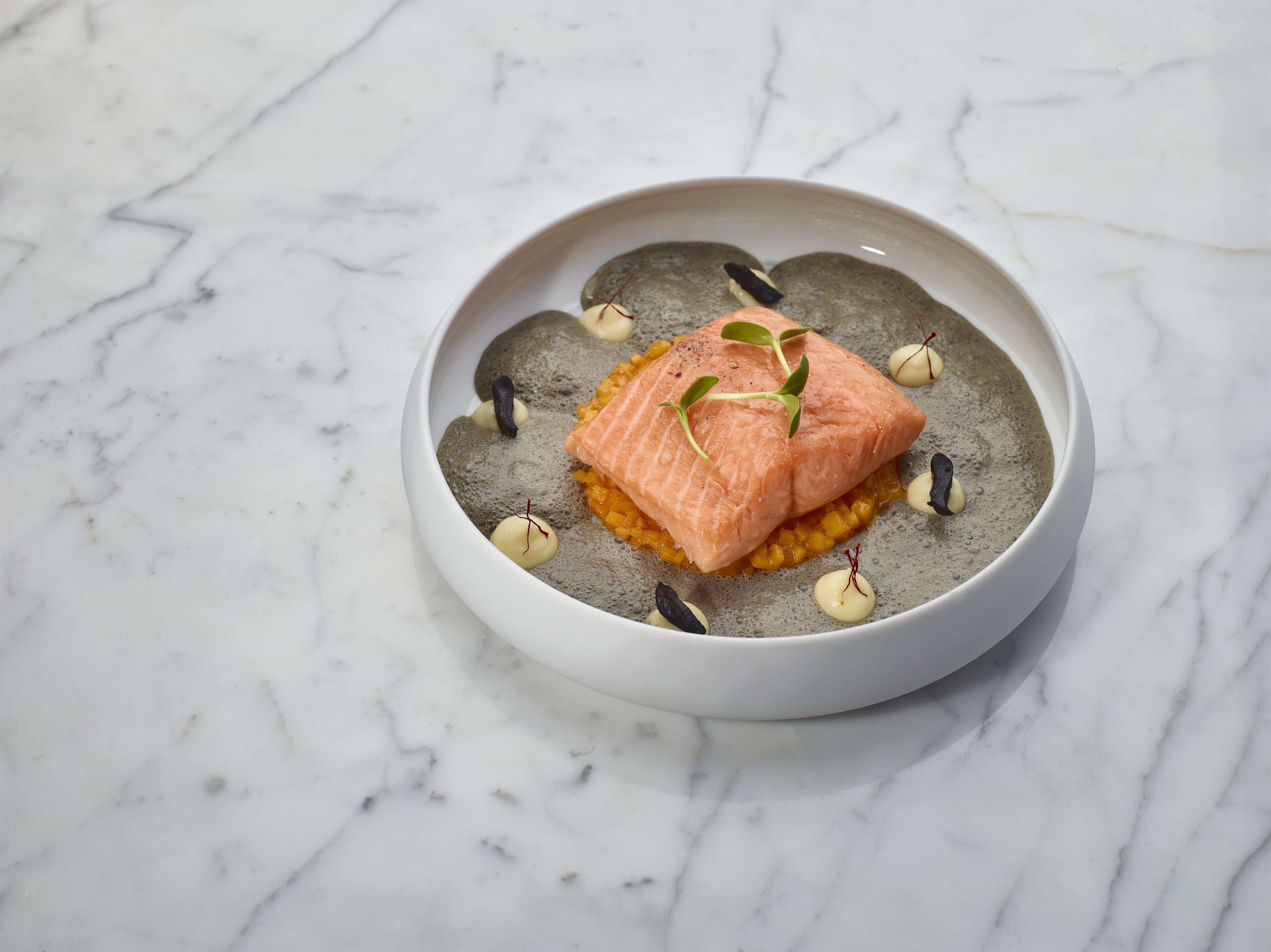 Un plat composé de saumon, servi sur un lit de céréales, agrémenté de petites feuilles et de points noirs, et présenté dans un bol blanc sur une surface en marbre.