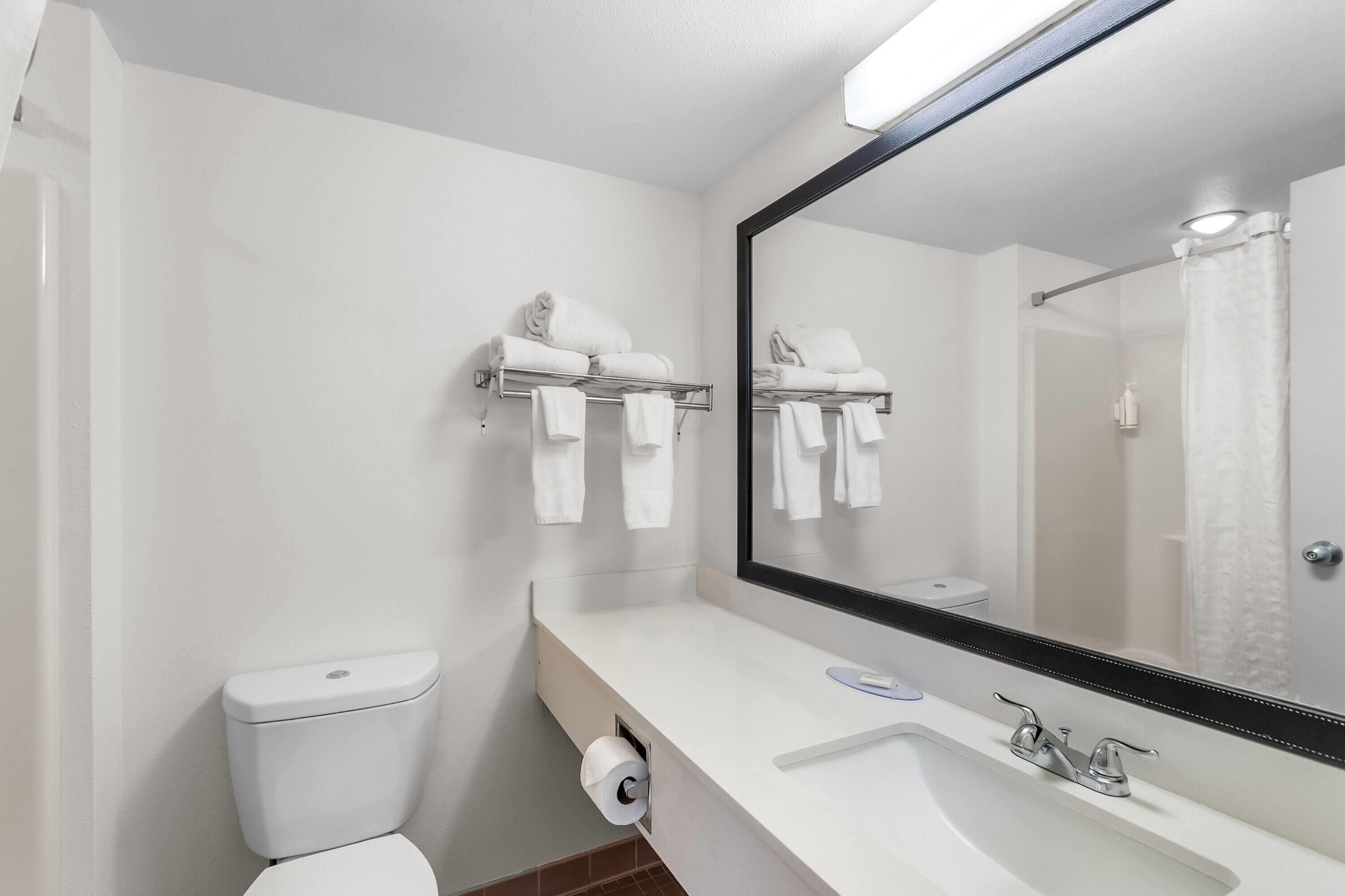 Un baño moderno con un lavamanos blanco, un espejo y un inodoro.