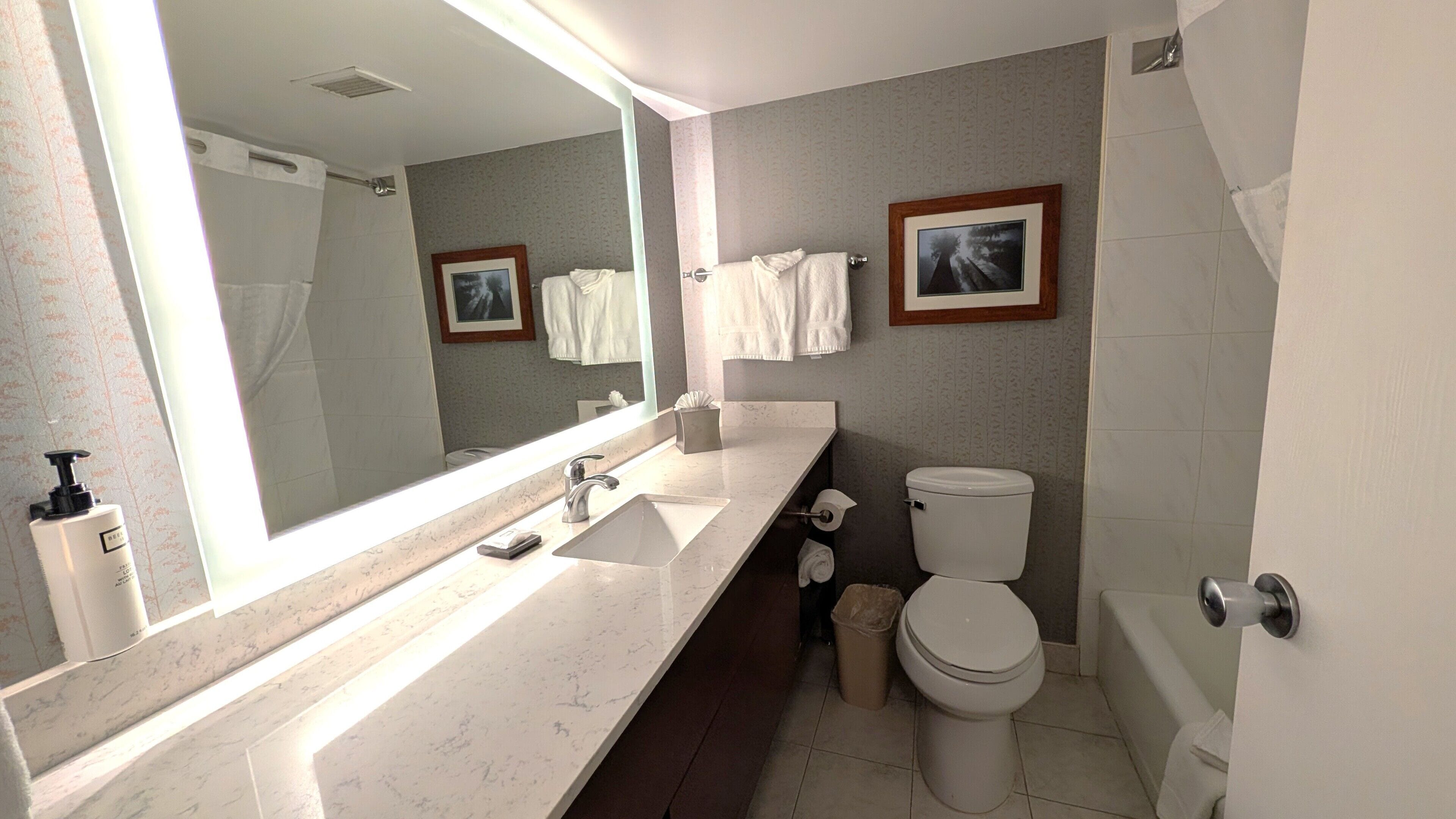 A bathroom with a large mirror, a sink, a toilet, and a shower.