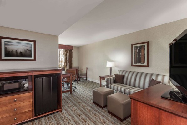 A hotel room with a kitchenette, a sofa, a desk, and a television.