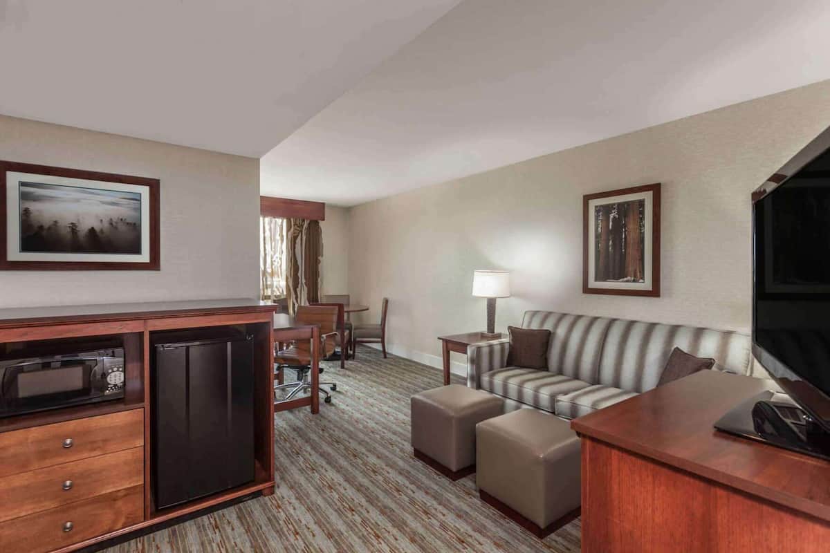 Quarto de hotel com cozinha compacta, sofá, televisão e duas fotos emolduradas nas paredes.