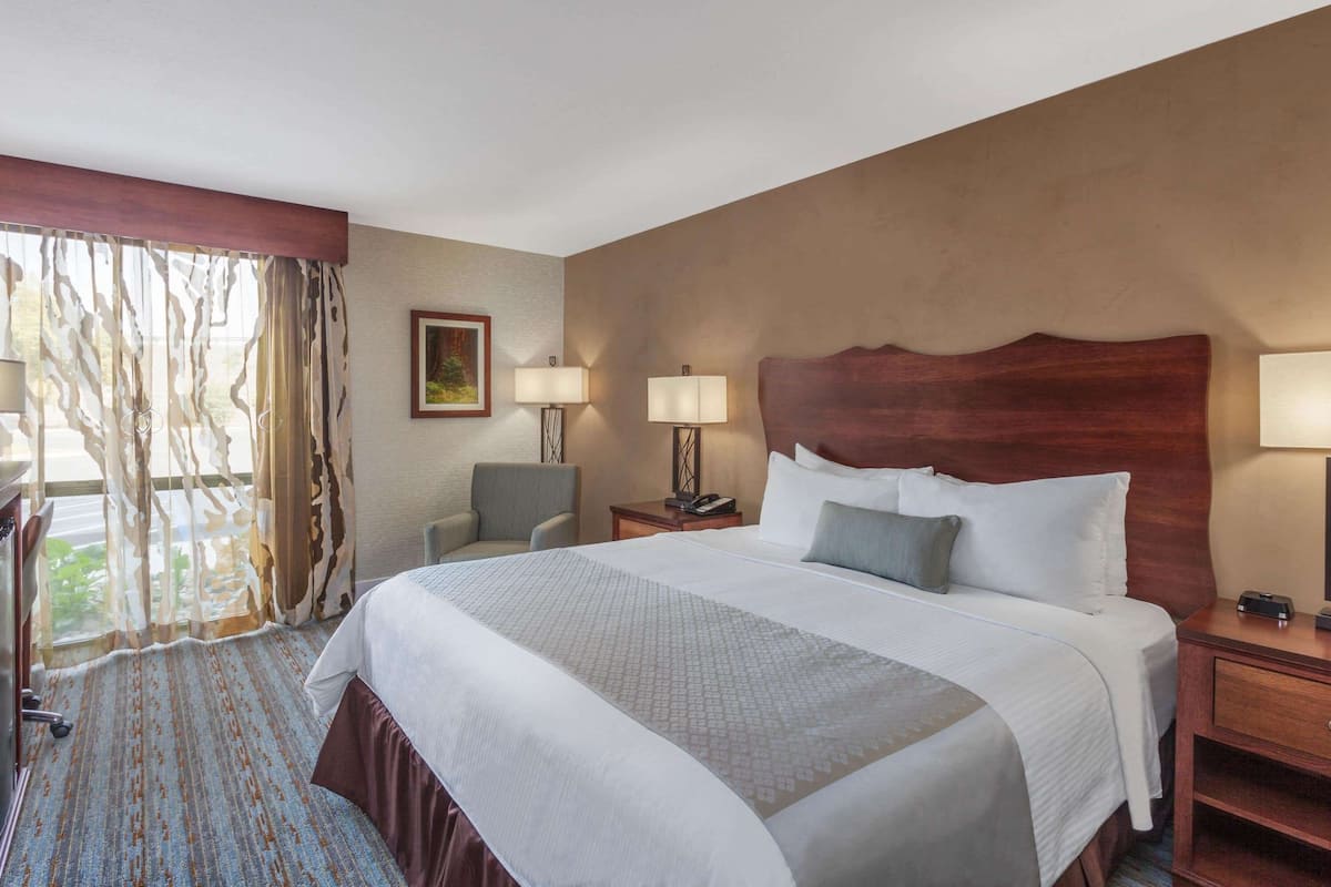 Quarto de hotel com uma cama grande, duas mesas de cabeceira com luminárias, uma cadeira e vista para o exterior através de cortinas translúcidas.