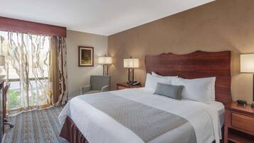 Une chambre d’hôtel avec un grand lit, deux tables de chevet avec des lampes, une chaise et une vue sur l’extérieur à travers des rideaux légers.