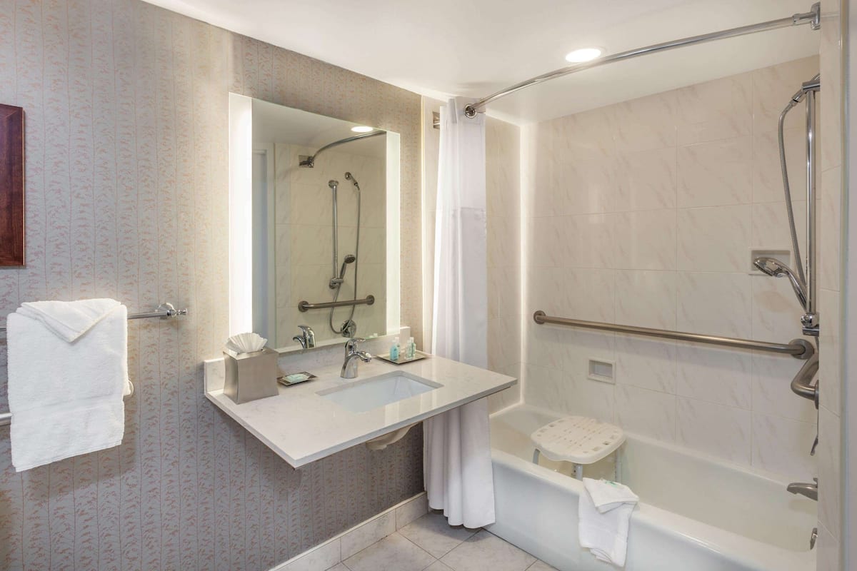 combined shower/bathtub, eco-friendly toiletries, hair dryer, towels