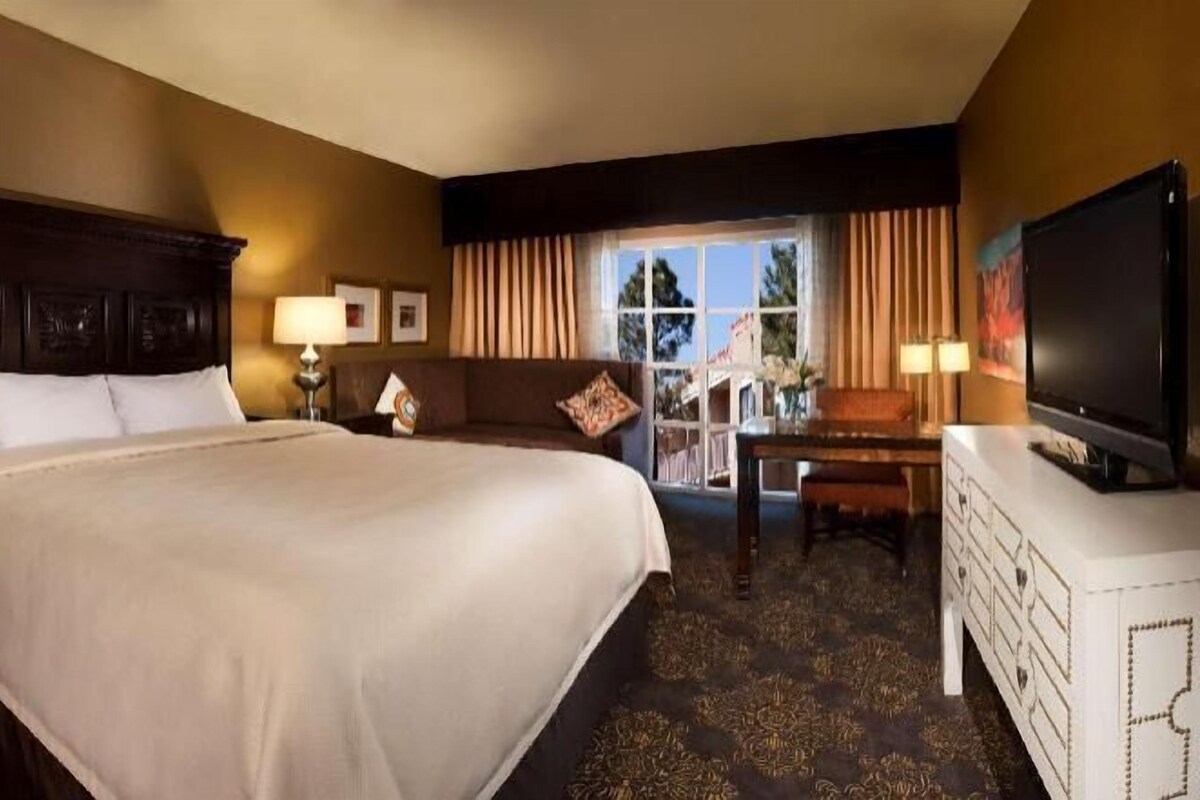 A hotel room with a large bed, a desk, a television, and a view of the outdoors.