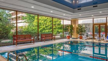Una piscina interna con acqua cristallina, panche in legno e piante in vaso.