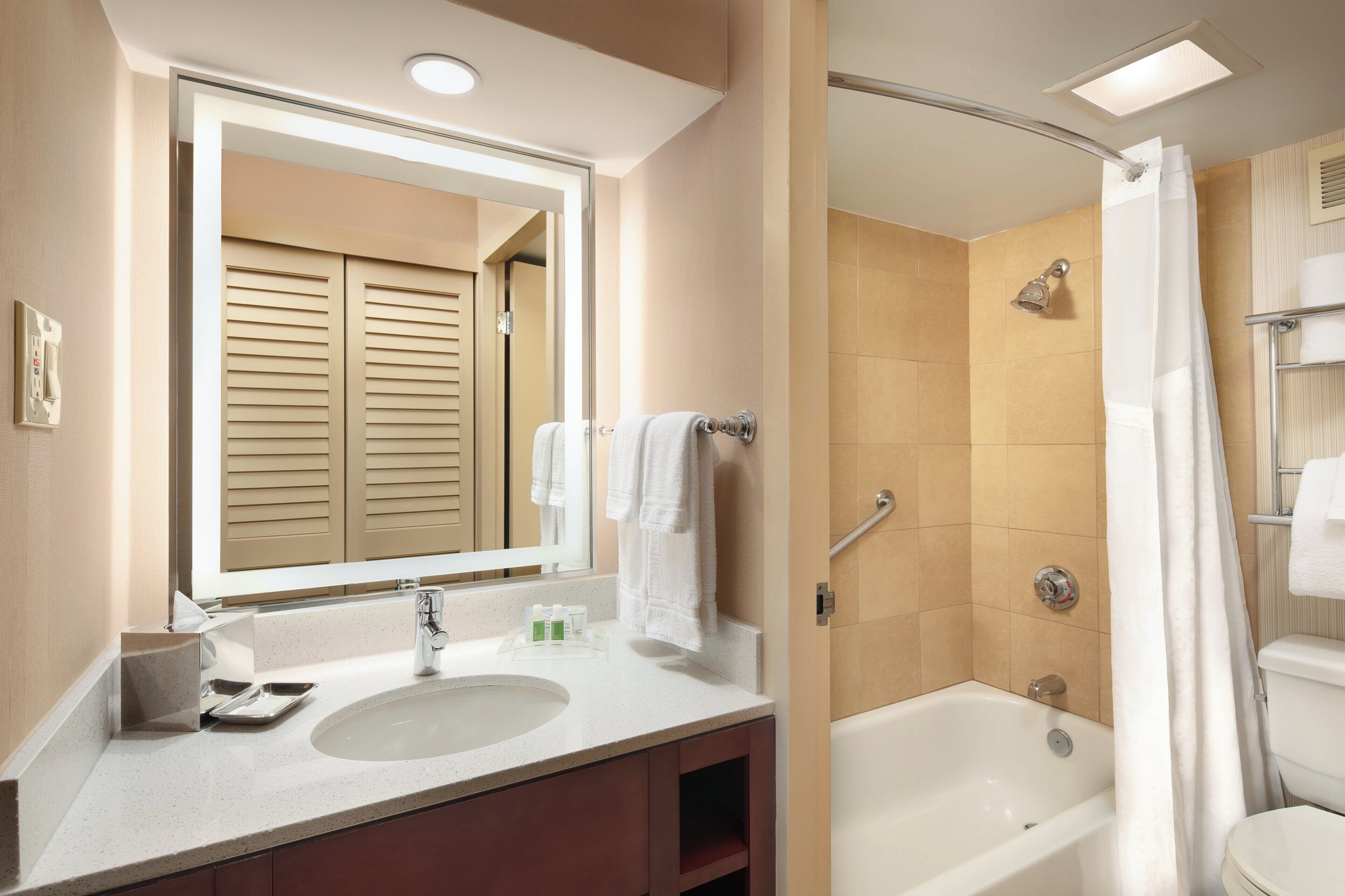 A bathroom with a sink, mirror, and shower.