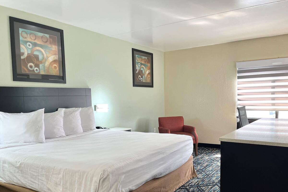 A hotel room with a large bed, a desk, two framed abstract paintings, a red chair, and a window with blinds.