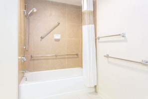 Combined shower/tub, eco-friendly toiletries, hair dryer, towels