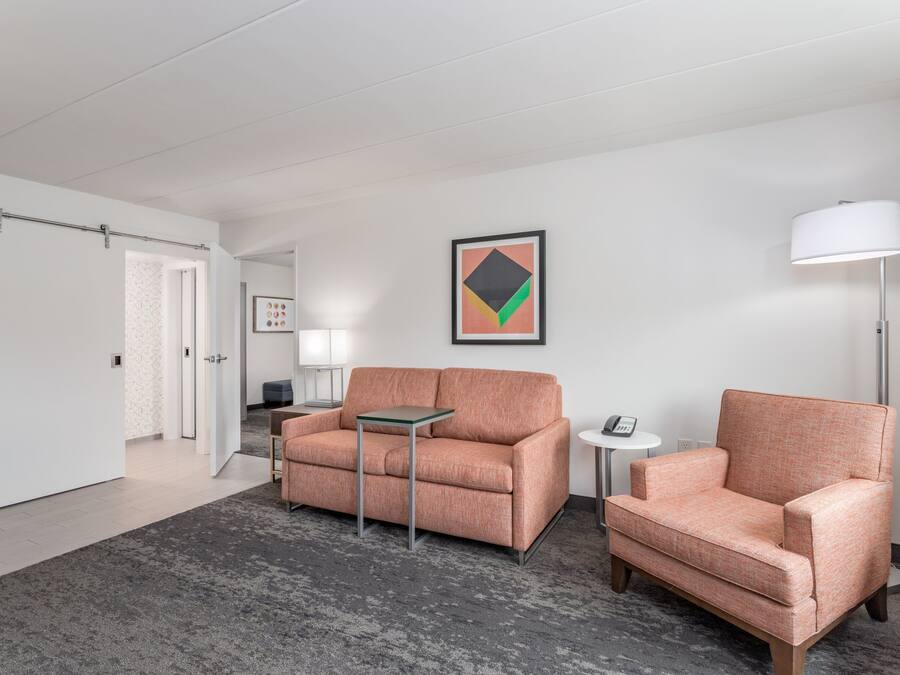 Ein modernes Hotelzimmer mit grauem Teppich, einer Couch, einem Sessel, einem kleinen Tisch, einer Lampe und einem gerahmten Bild an der Wand.