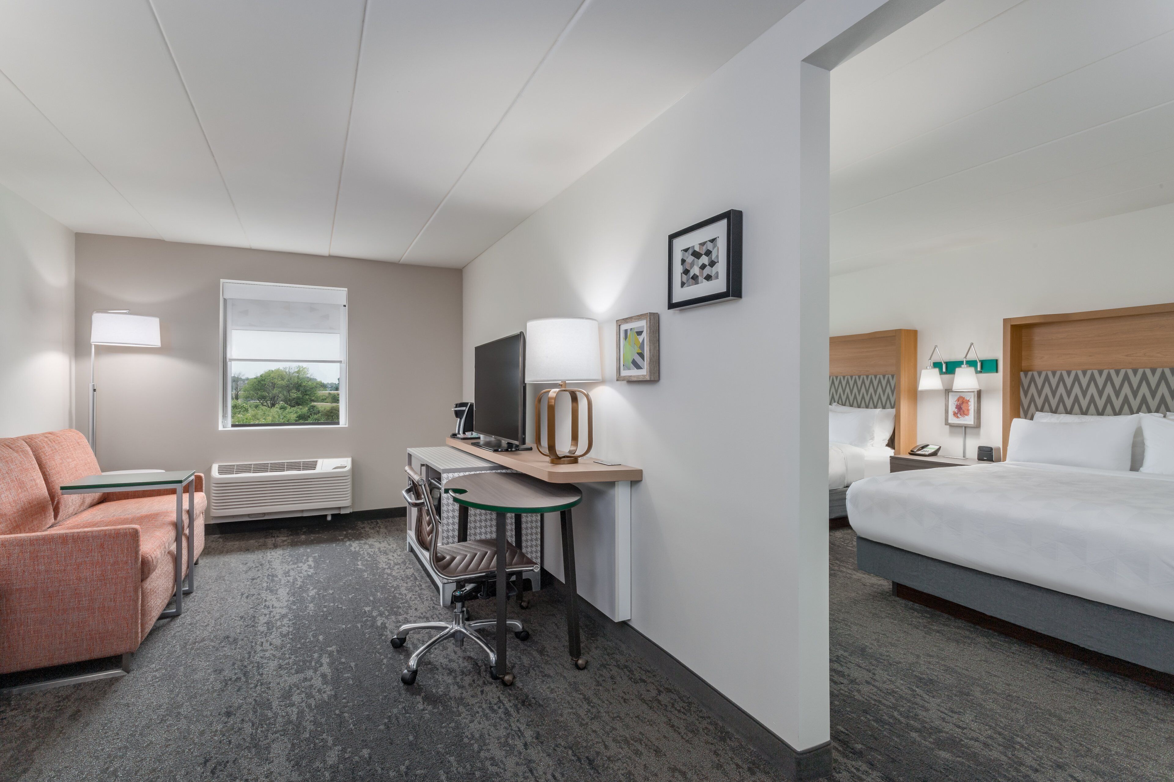 desk, laptop workspace, blackout curtains, iron/ironing board