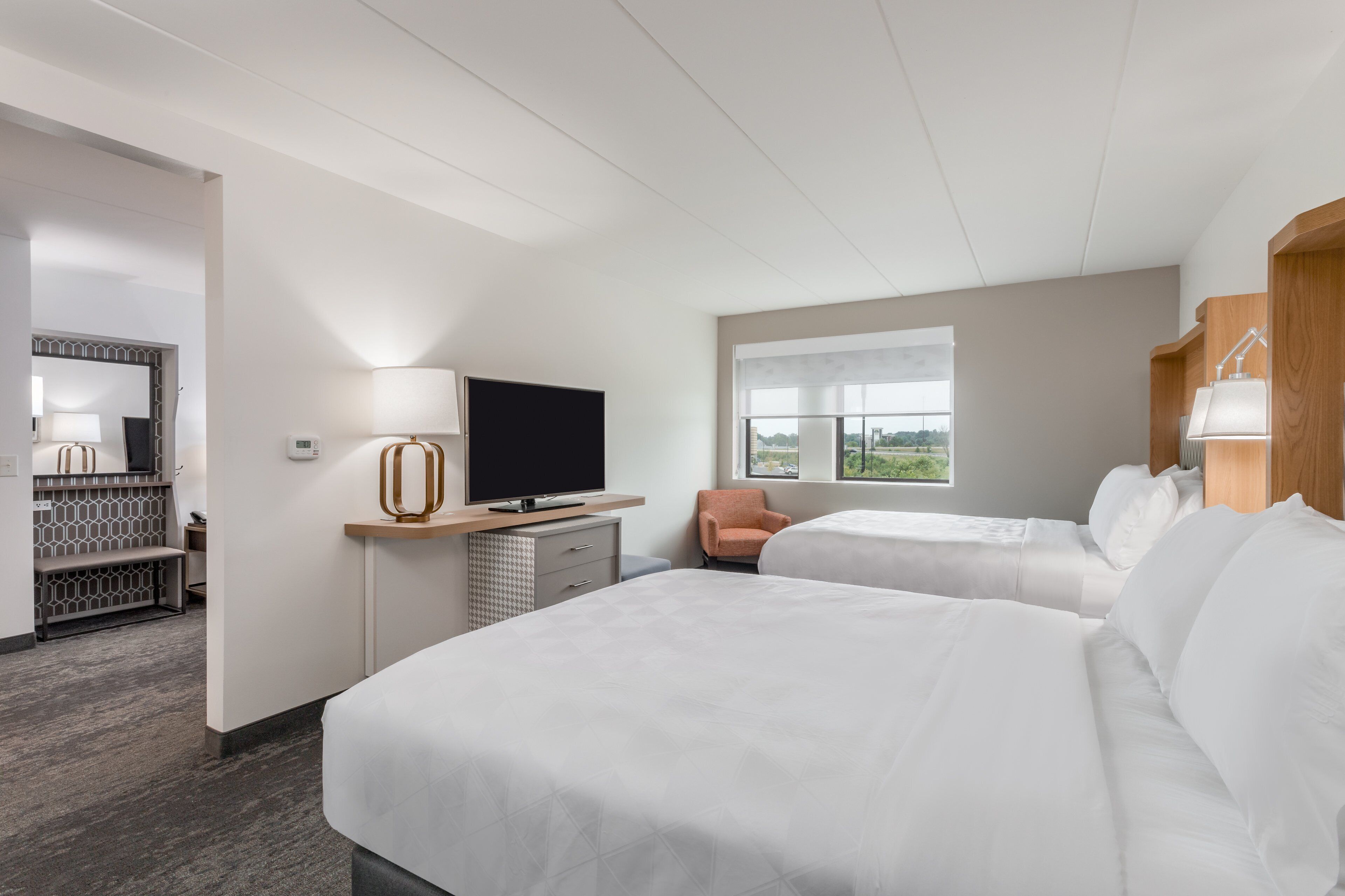 desk, laptop workspace, blackout curtains, iron/ironing board