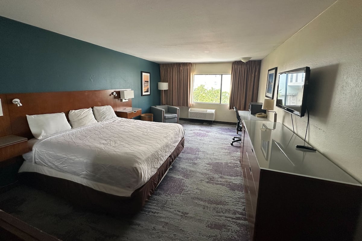 Ein Hotelzimmer mit einem großen Bett, einem Schreibtisch mit Stuhl, einem Fernseher und einem Fenster mit Vorhängen.