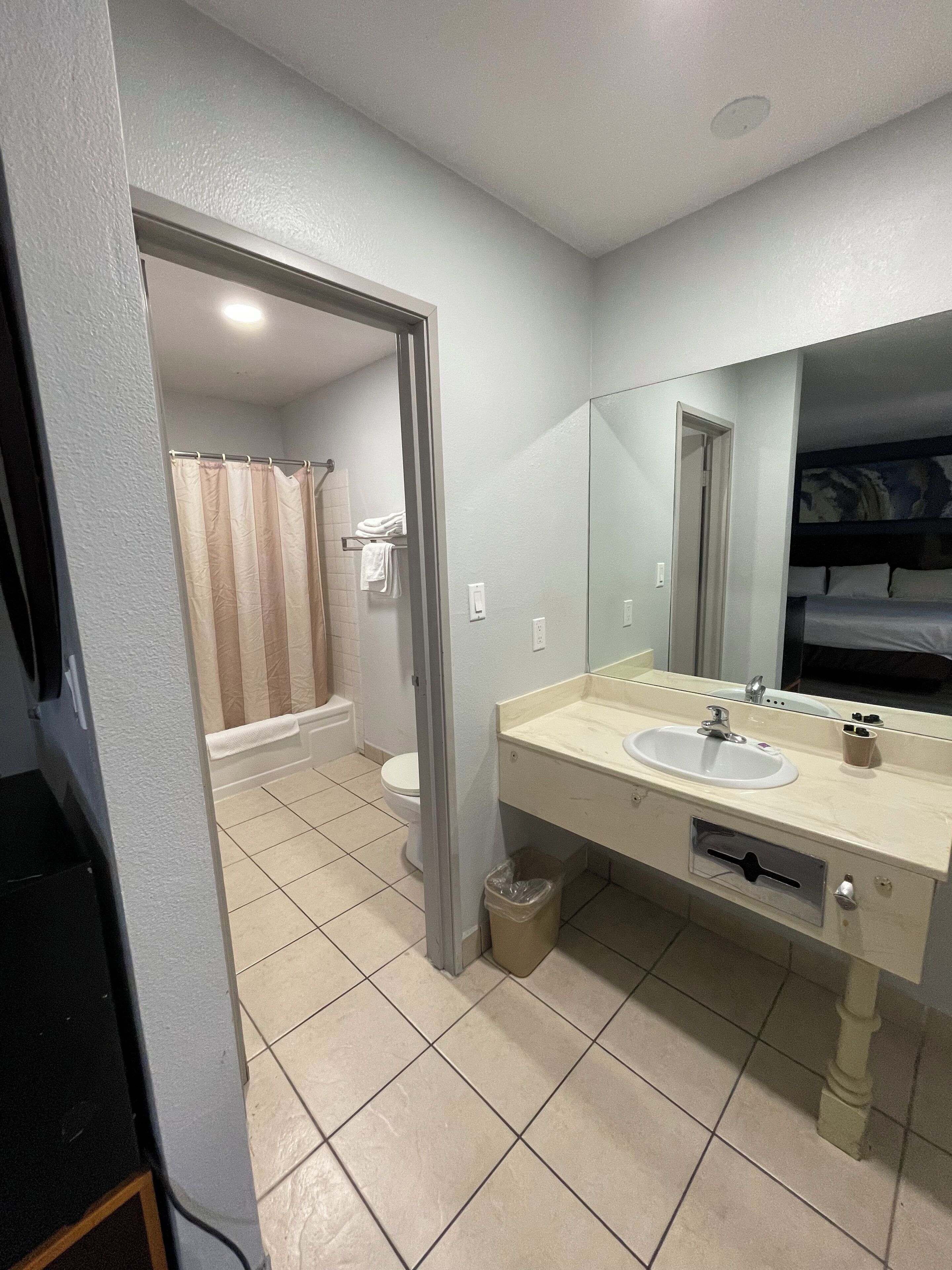 A bathroom with a sink, mirror, and toilet.