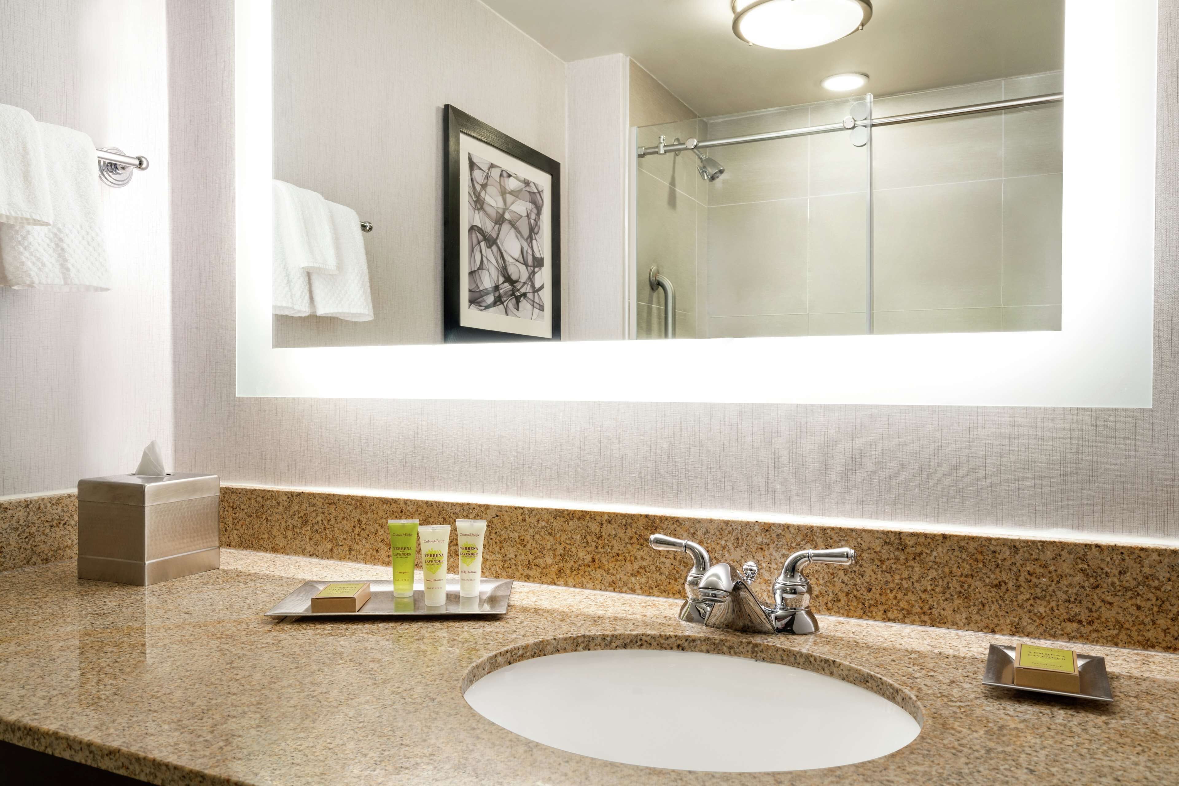 hydromassage showerhead, designer toiletries, hair dryer, towels