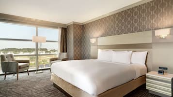 A hotel room with a large bed, a desk, a chair, and a view of the city.