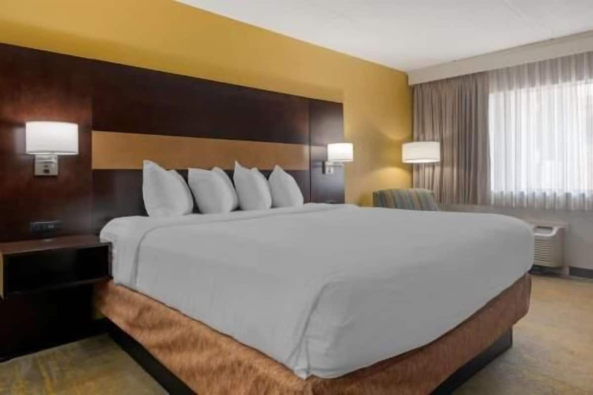 A hotel room with a large bed, a wooden headboard, two bedside lamps, a nightstand, and a window with curtains.