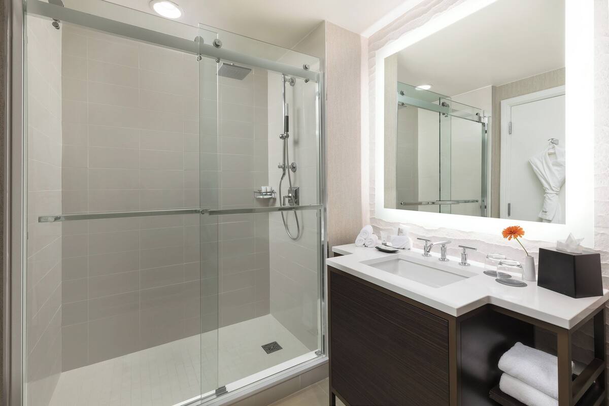 combined shower/bathtub, designer toiletries, hair dryer, bathrobes