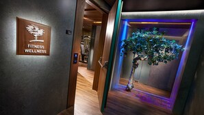 A hallway with a 'Fitness Wellness' sign, wooden flooring, and a plant in a glass enclosure. - Hotel Cavour (Milan)