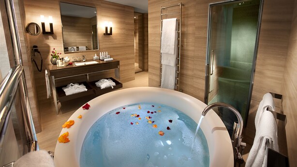 A modern bathroom with a bathtub filled with water and flower petals, a vanity with toiletries, and a shower area. - Hotel Cavour (Milan)