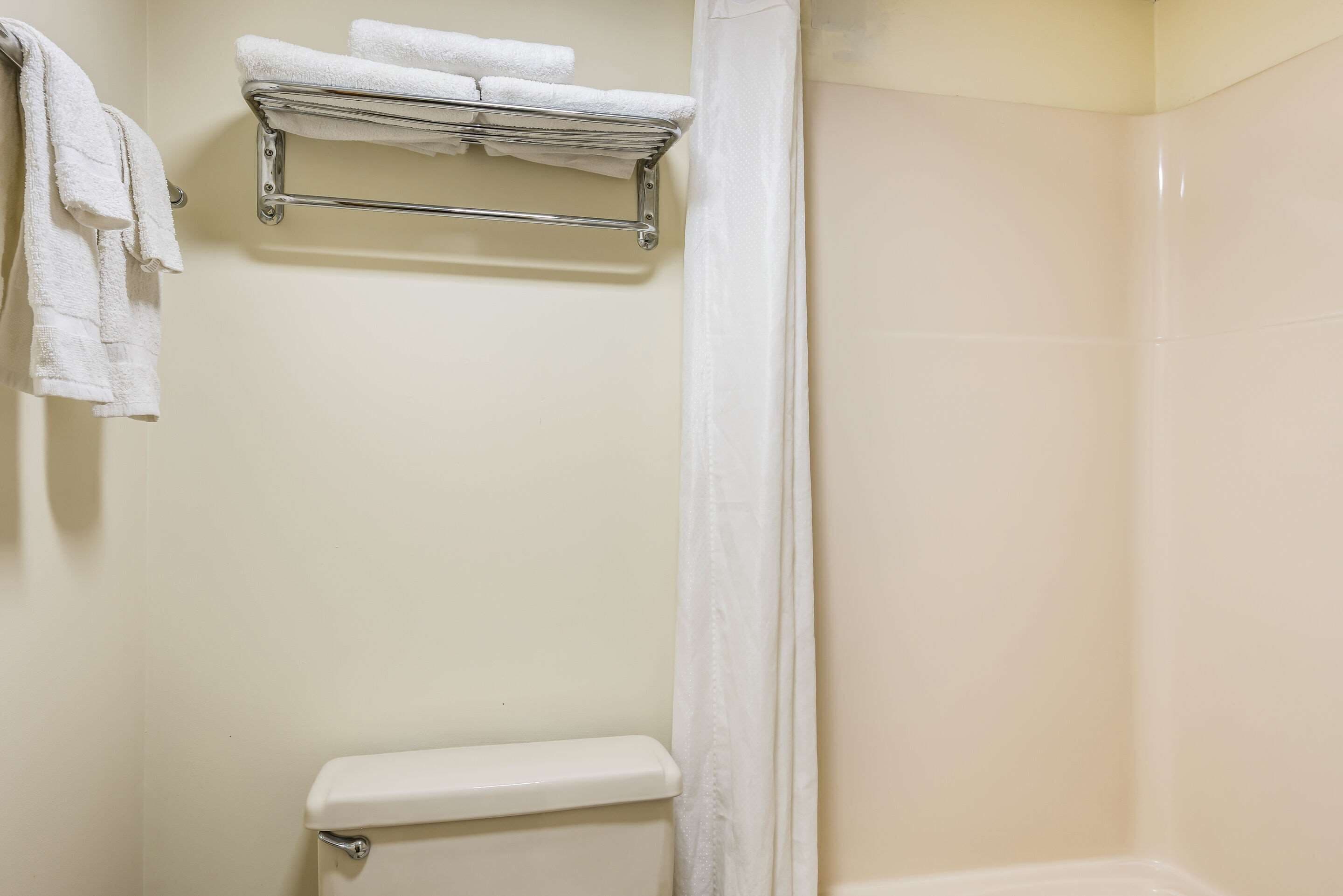 A bathroom with a toilet, a towel rack with two towels, and a shower curtain.