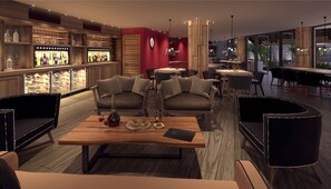 A modern bar area with a wine cooler, seating with cushions, and a wooden table with food and drinks.