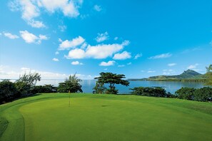 A golf course with a flagstick, surrounded by lush greenery and a lake with mountains in the background.