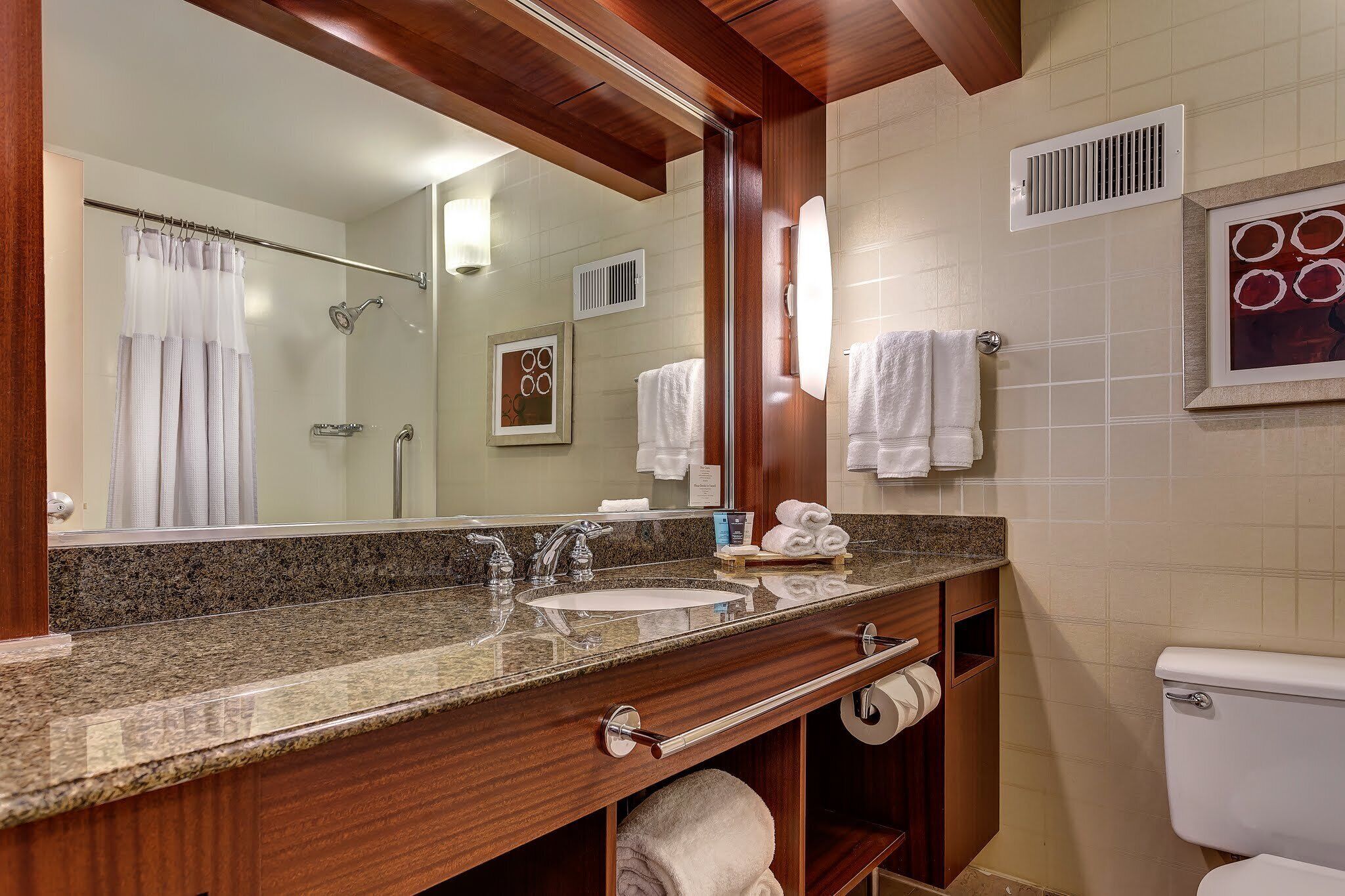 Combined shower/tub, free toiletries, hair dryer, towels
