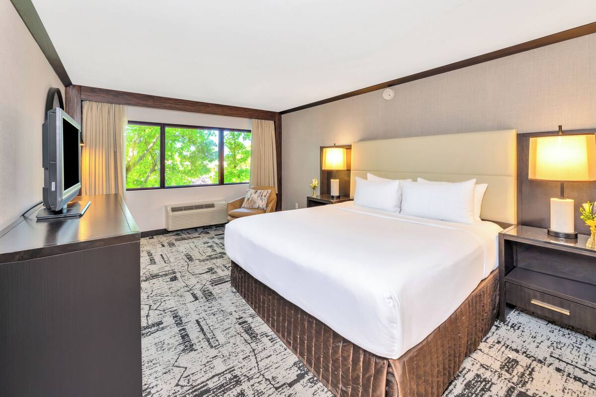 A hotel room with a large bed, a flat-screen TV, two bedside lamps, a nightstand, and a window with a view of trees.