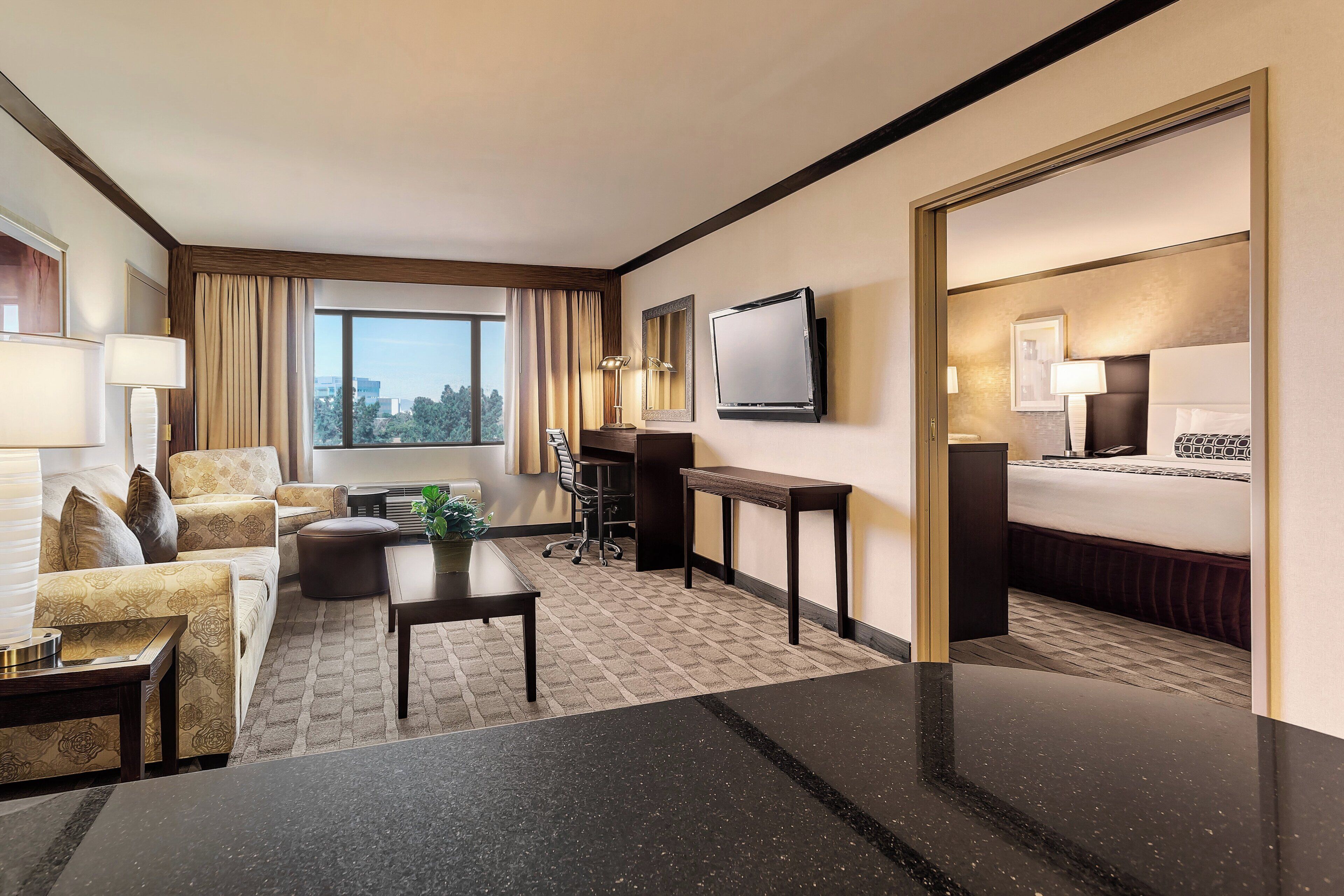 A hotel room with a bed, a desk, a chair, a sofa, and a television.