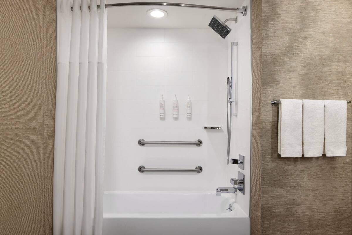Une salle de bain moderne équipée d’une baignoire, d’une douche et de barres d’appui.