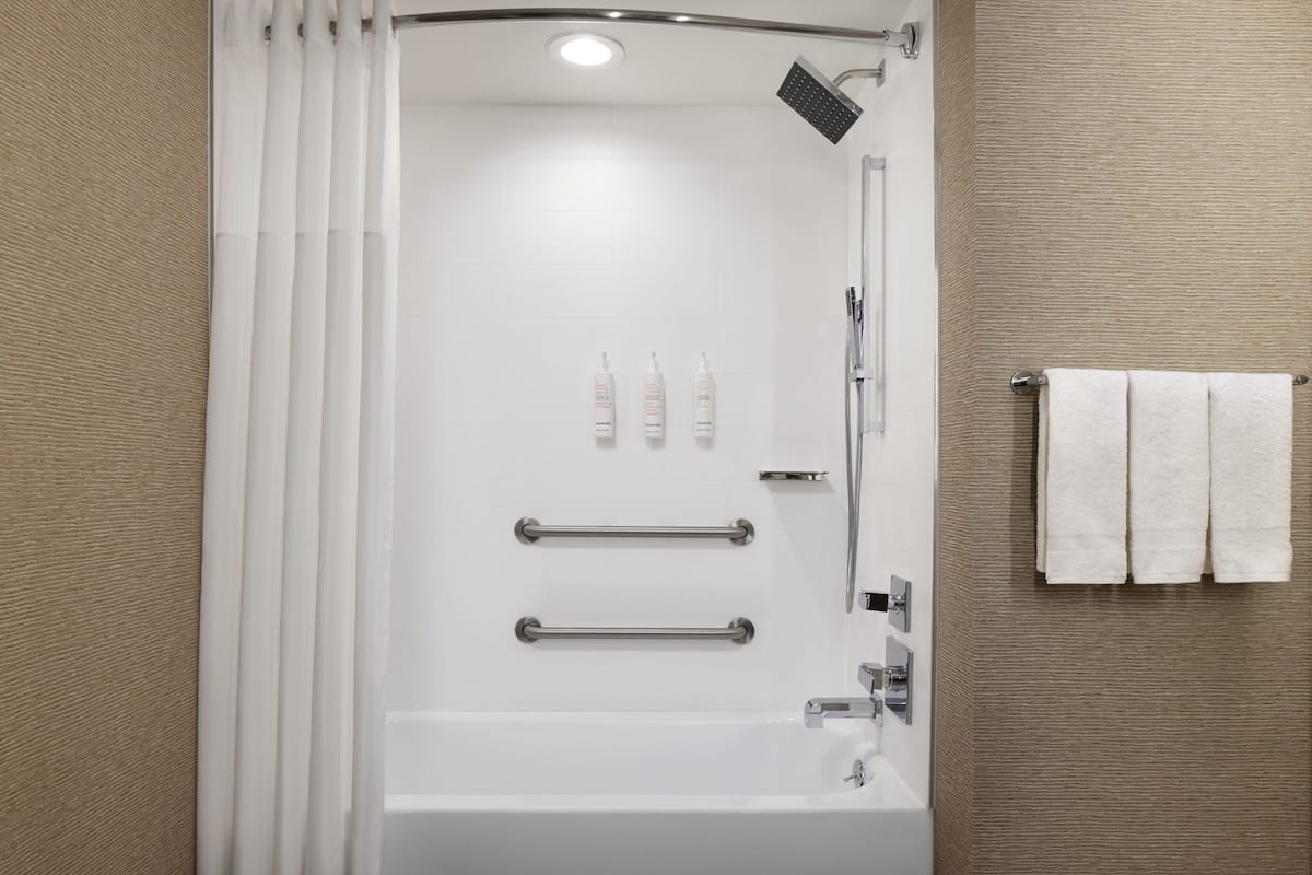 Eco-friendly toiletries, hair dryer, towels, soap