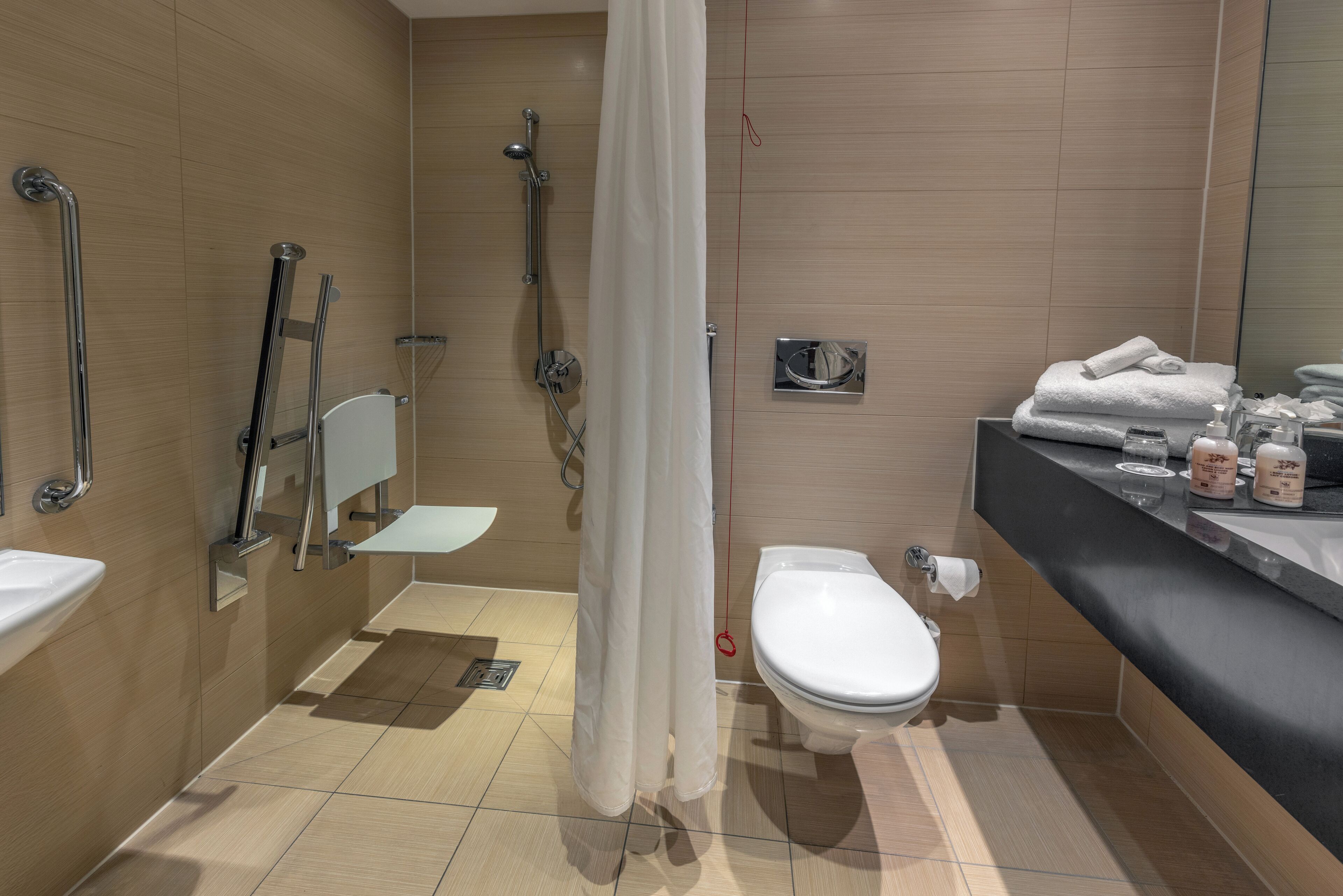 Une salle de bain moderne équipée d’une douche, de toilettes, d’un lavabo et d’un meuble-vasque.