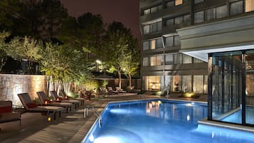 Indoor pool, outdoor pool, open 7:00 AM to 10:00 PM, pool umbrellas