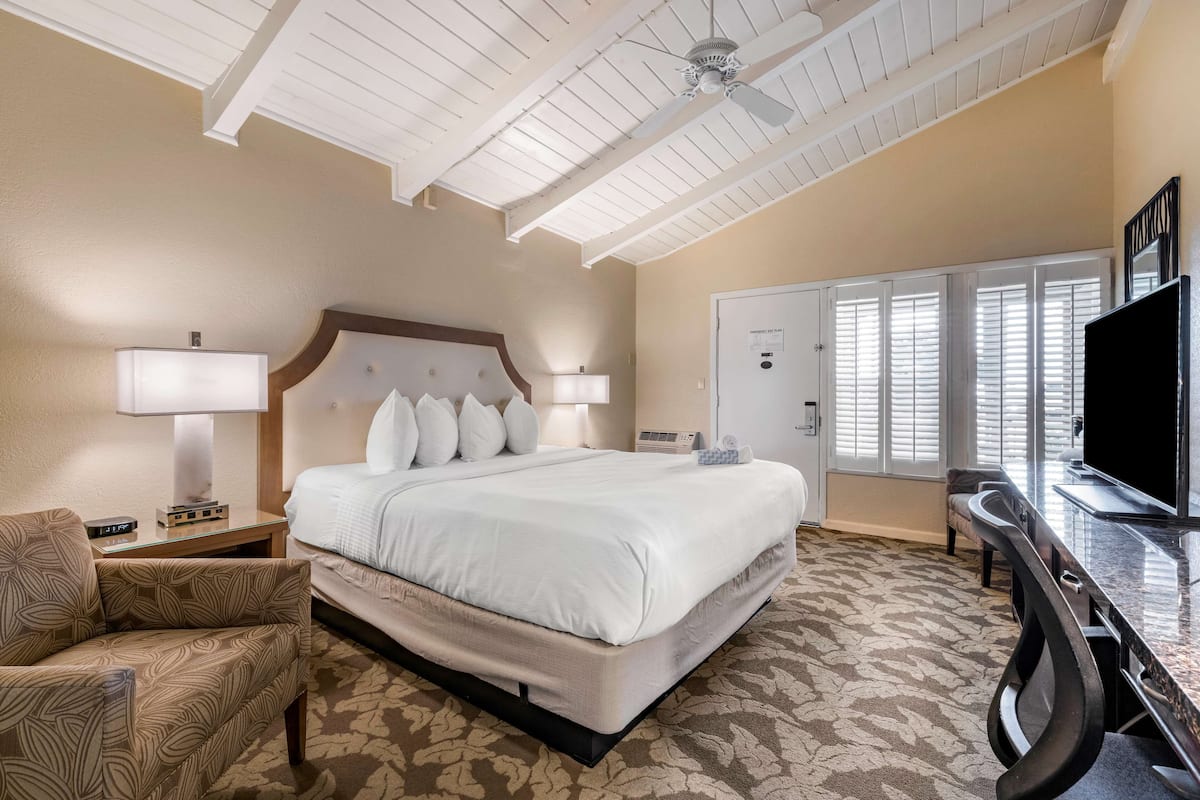 Une chambre d’hôtel avec un grand lit, un bureau doté d’un téléviseur à écran plat, une chaise et un ventilateur de plafond.
