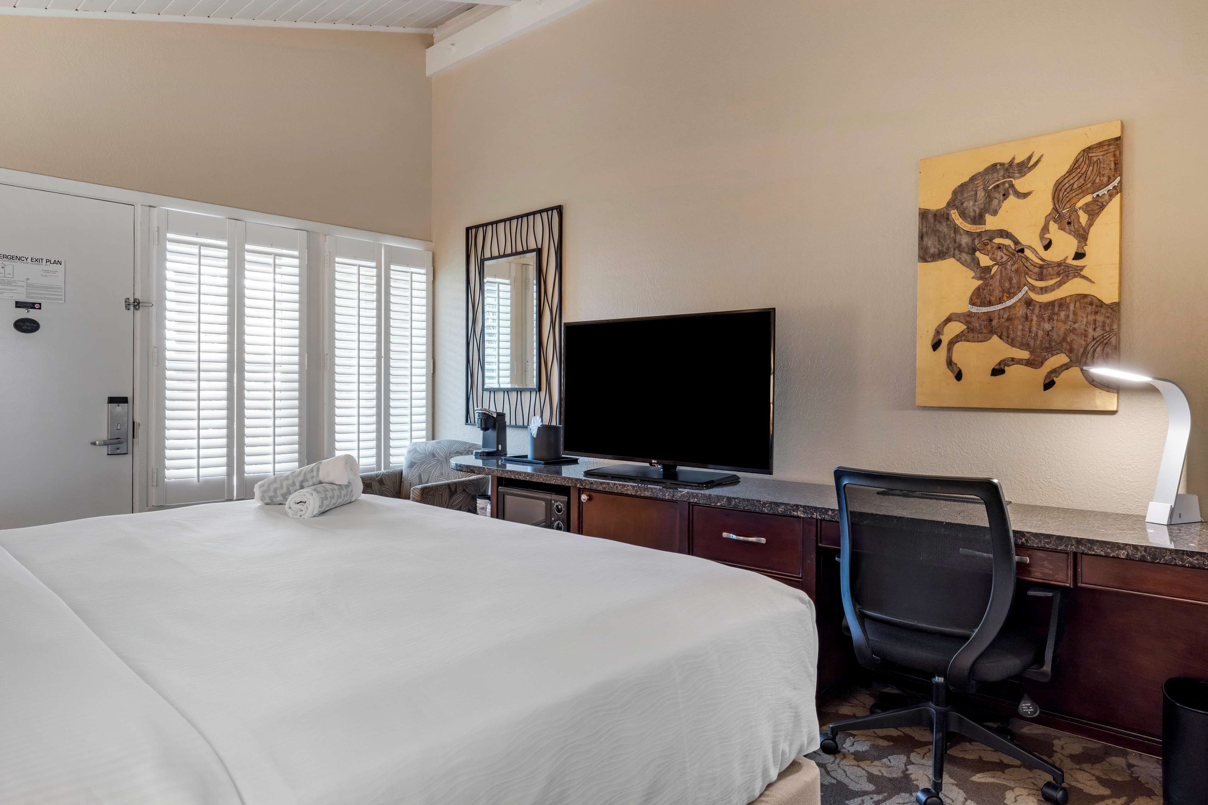 A hotel room with a large bed, a desk with a computer, a TV, and a painting on the wall.