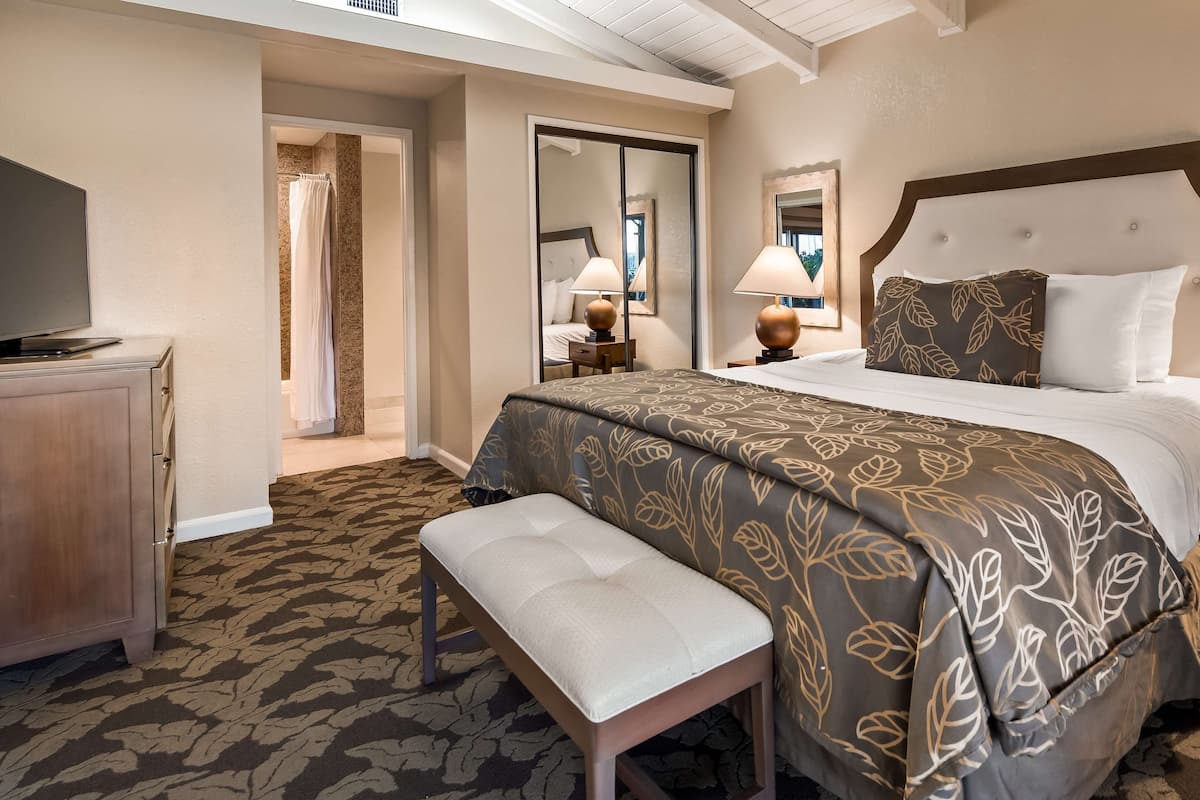 Une chambre d’hôtel avec un grand lit, un banc, un bureau avec une télévision et un miroir.
