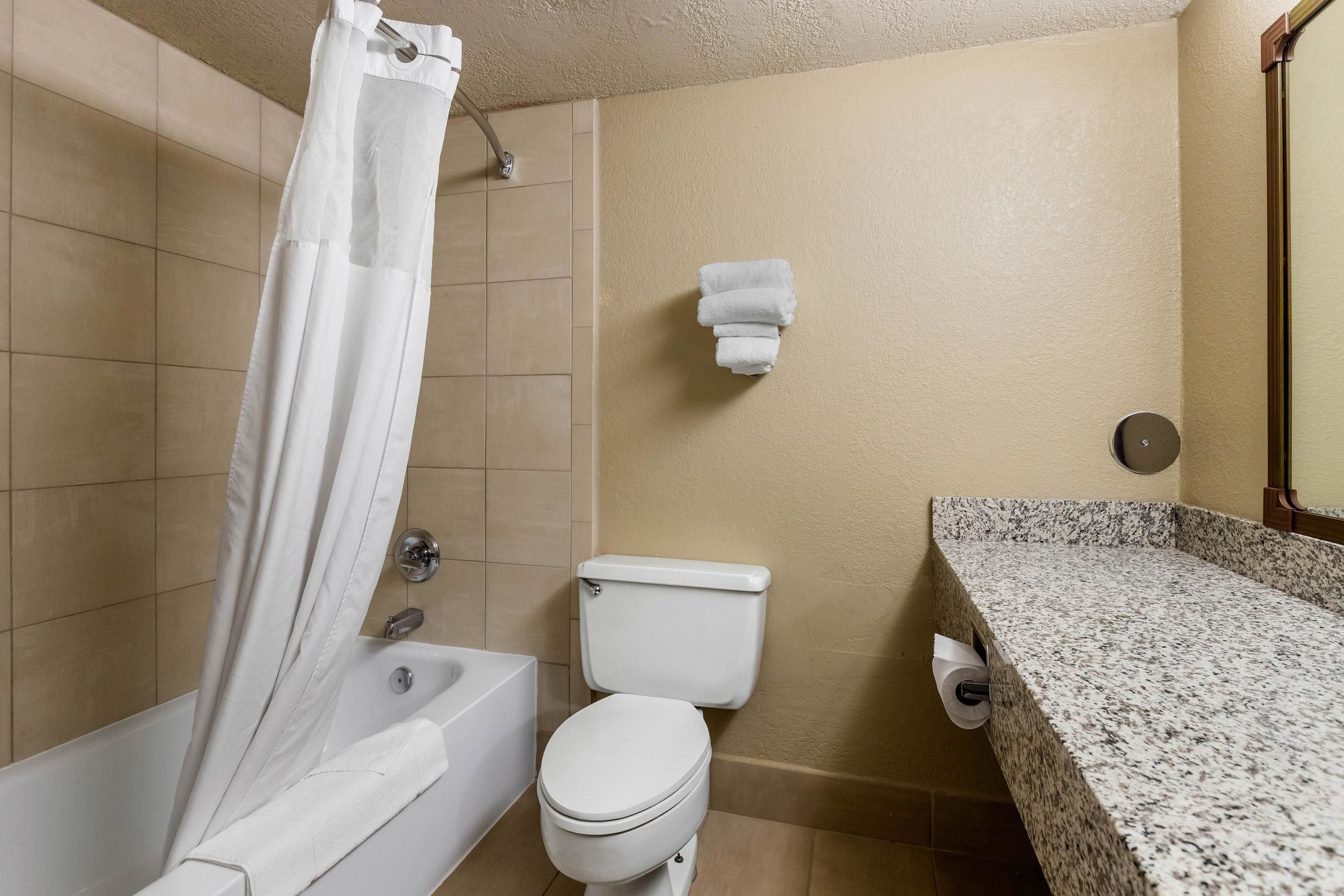 A bathroom with a bathtub, toilet, and a marble countertop.