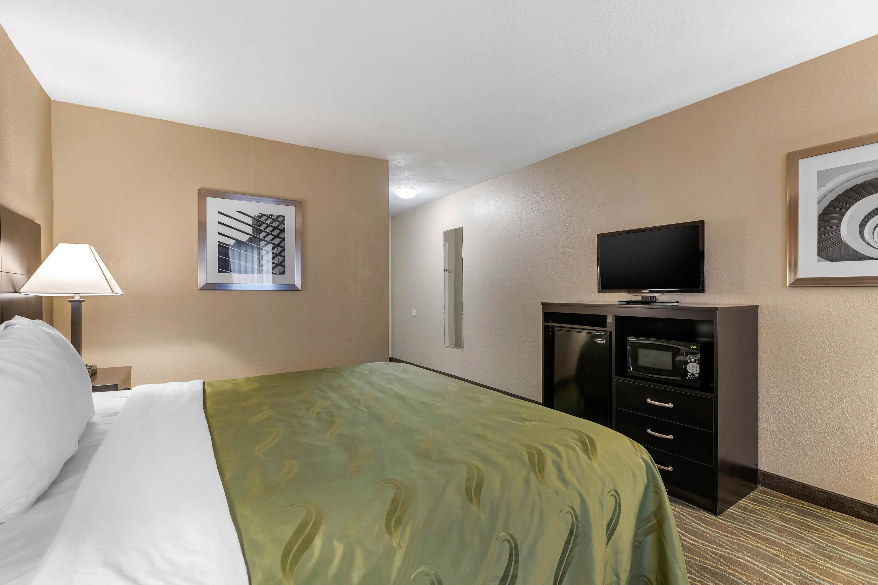 A hotel room with a bed, a desk with a television, a microwave, and a framed picture on the wall.