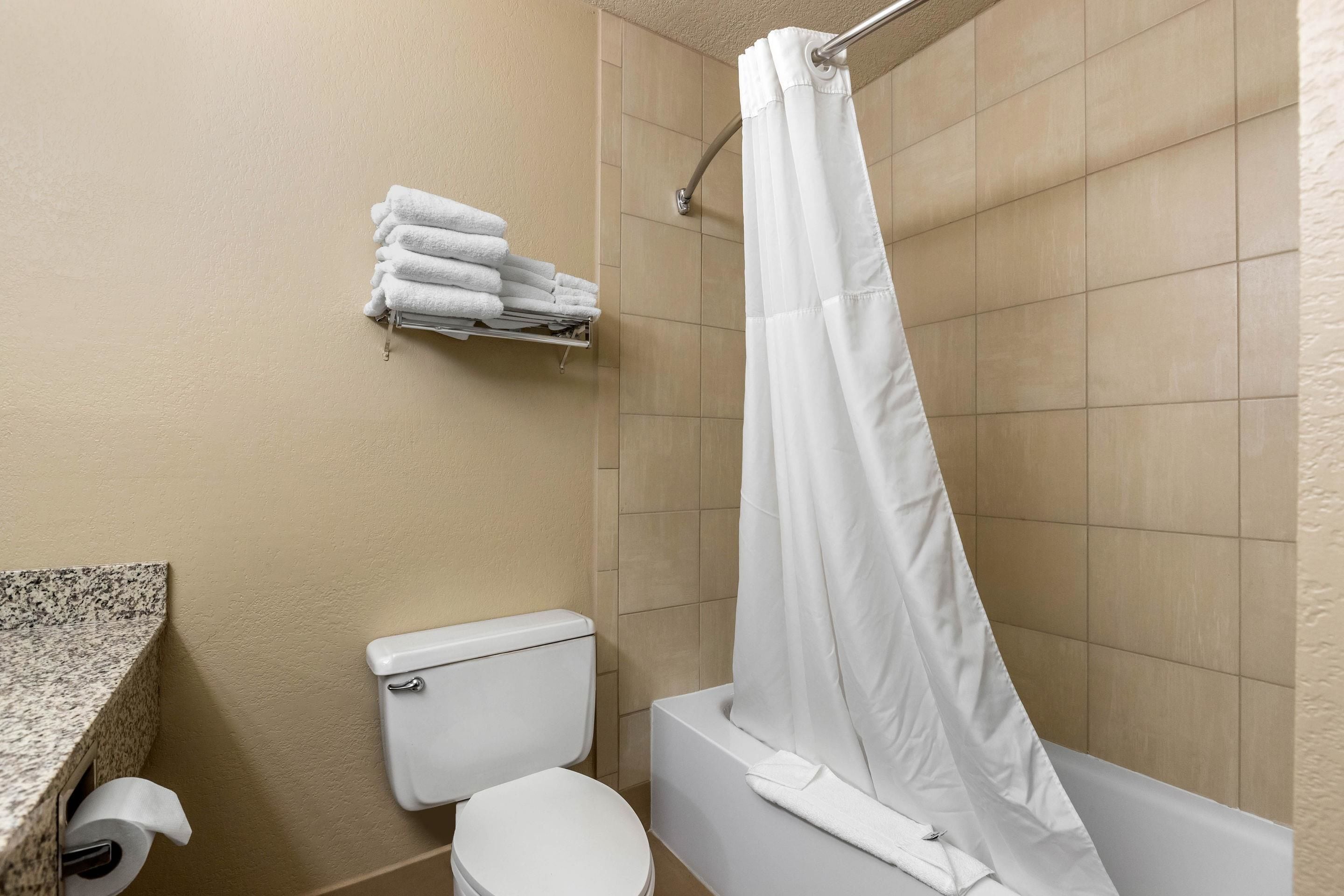 Un bany amb vàter, un lavabo amb taulell de marbre, un suport de tovalloles amb tovalloles doblegades i una cortina de dutxa.