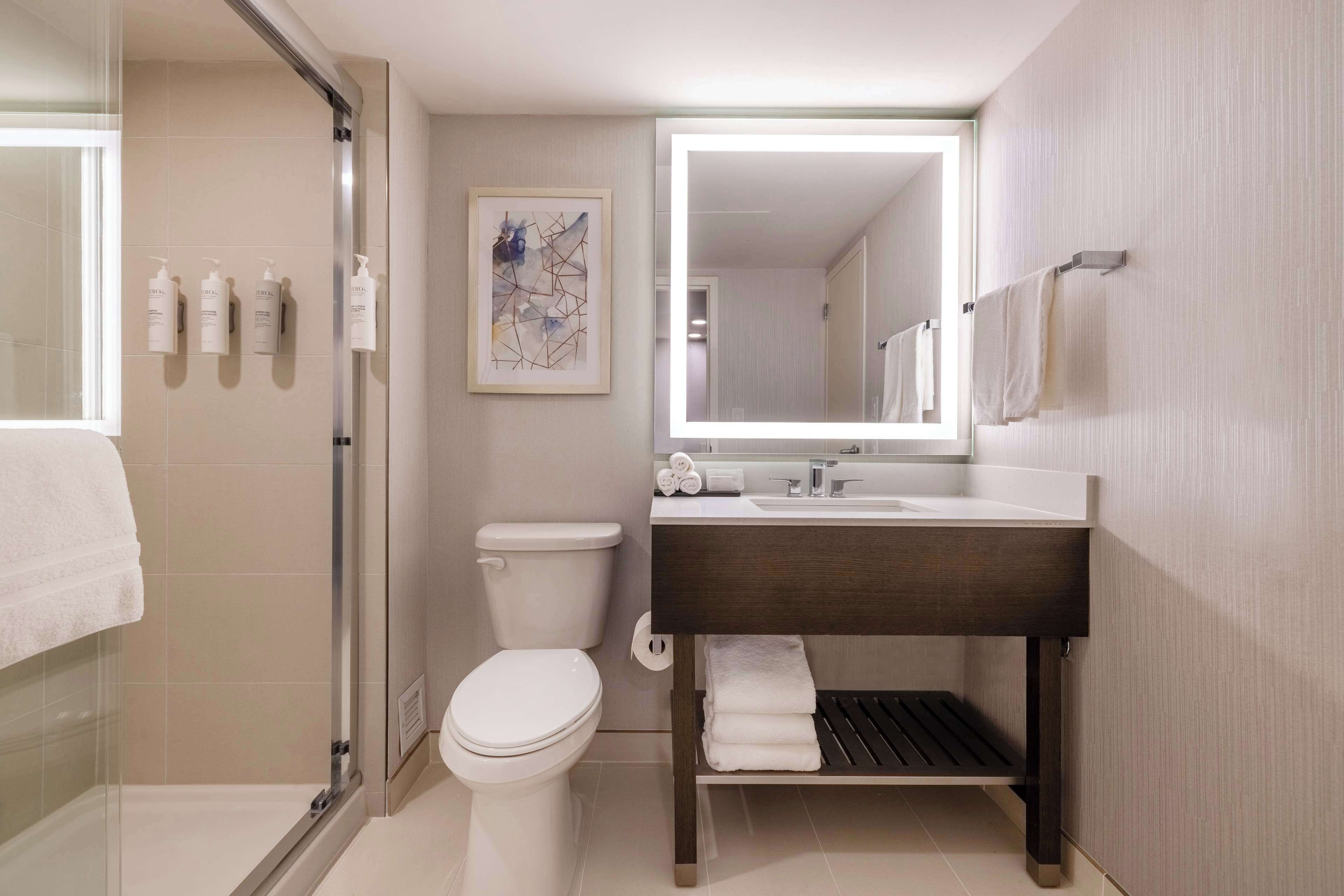 A modern bathroom with a glass shower enclosure, a toilet, a sink with a mirror, and a towel rack.