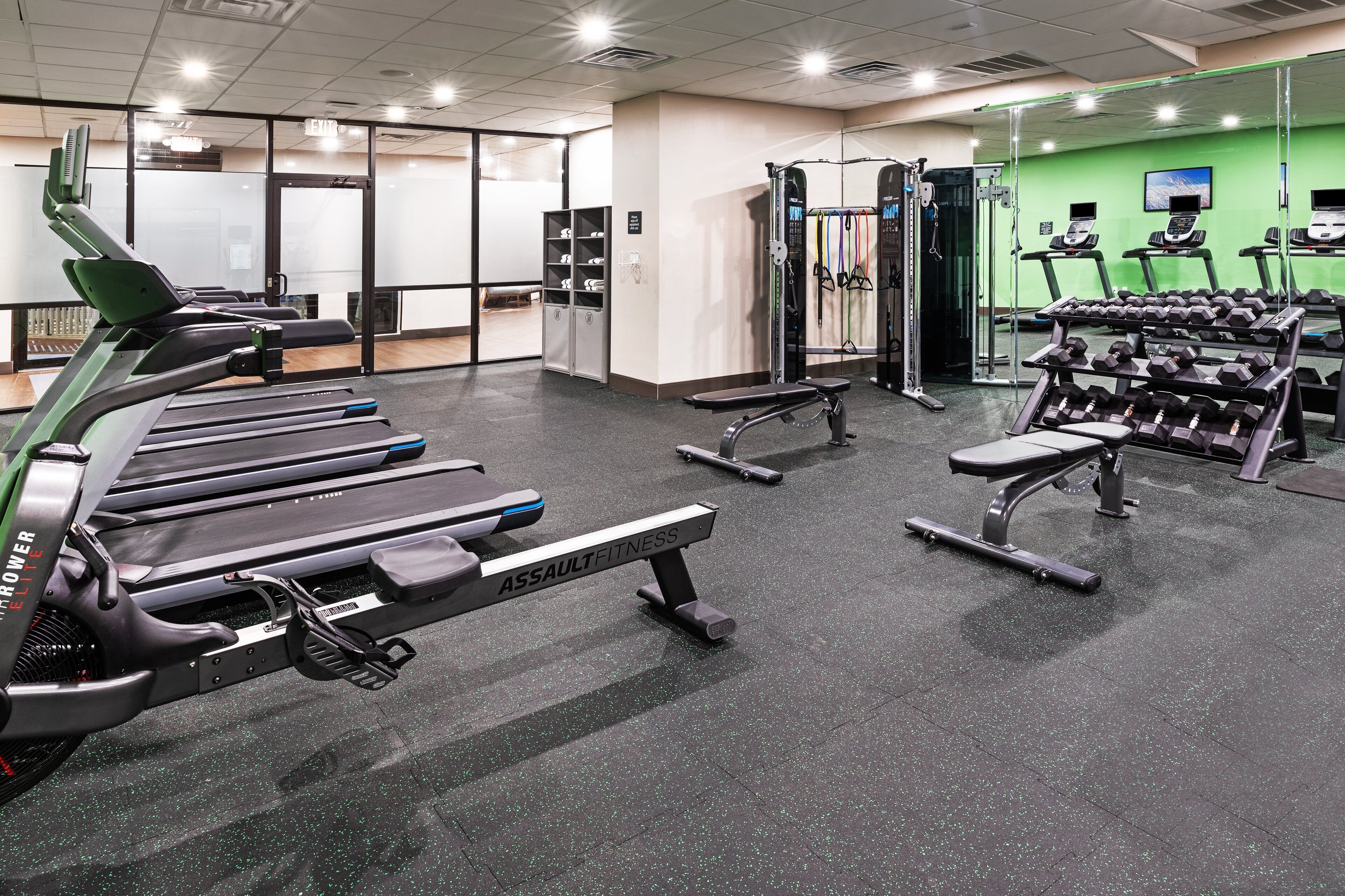 A gym with treadmills, dumbbells, and weight machines.