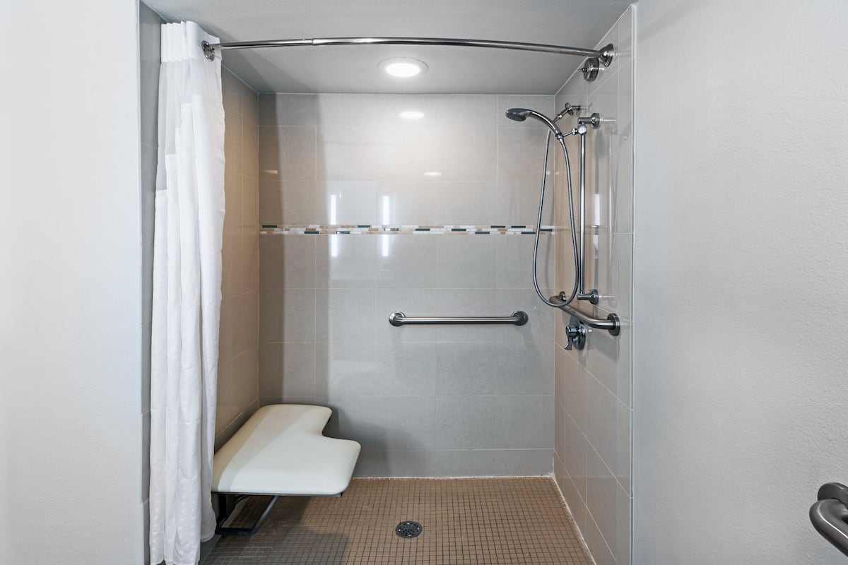 Combined shower/bathtub, free toiletries, hair dryer, towels