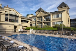 Seasonal outdoor pool, pool loungers