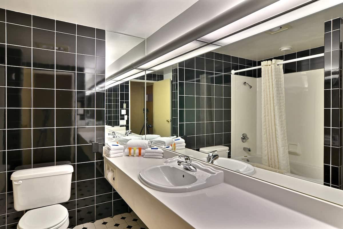 eco-friendly toiletries, hair dryer, towels