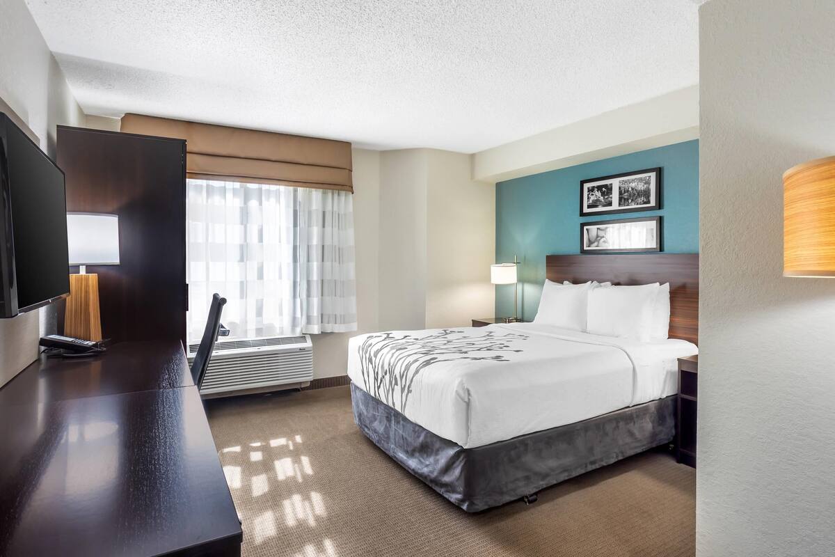 A hotel room with a bed, desk, TV, and window with curtains.