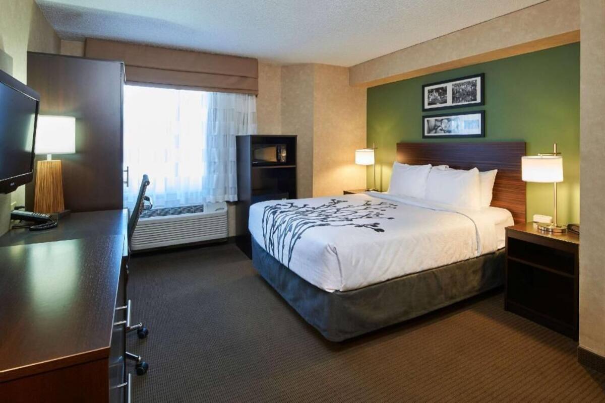 A hotel room with a bed, desk, TV, and a window with curtains.
