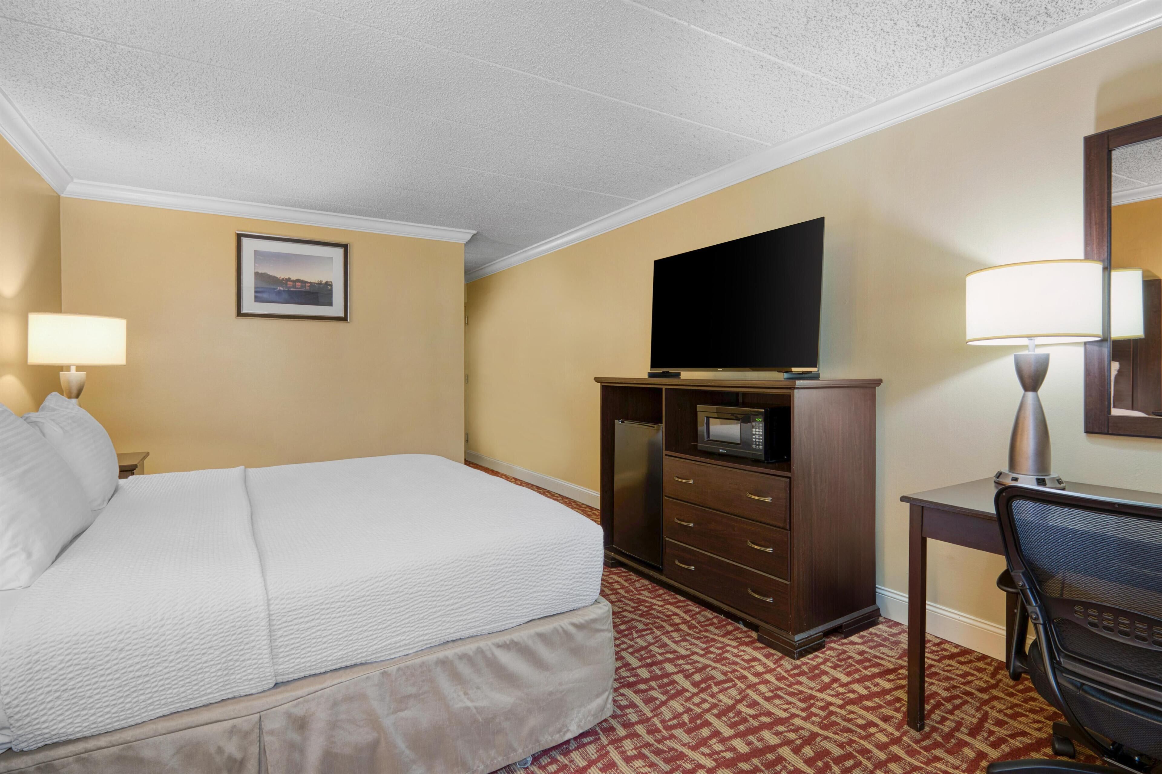 A hotel room with a bed, a desk, a television, a microwave, and a lamp.