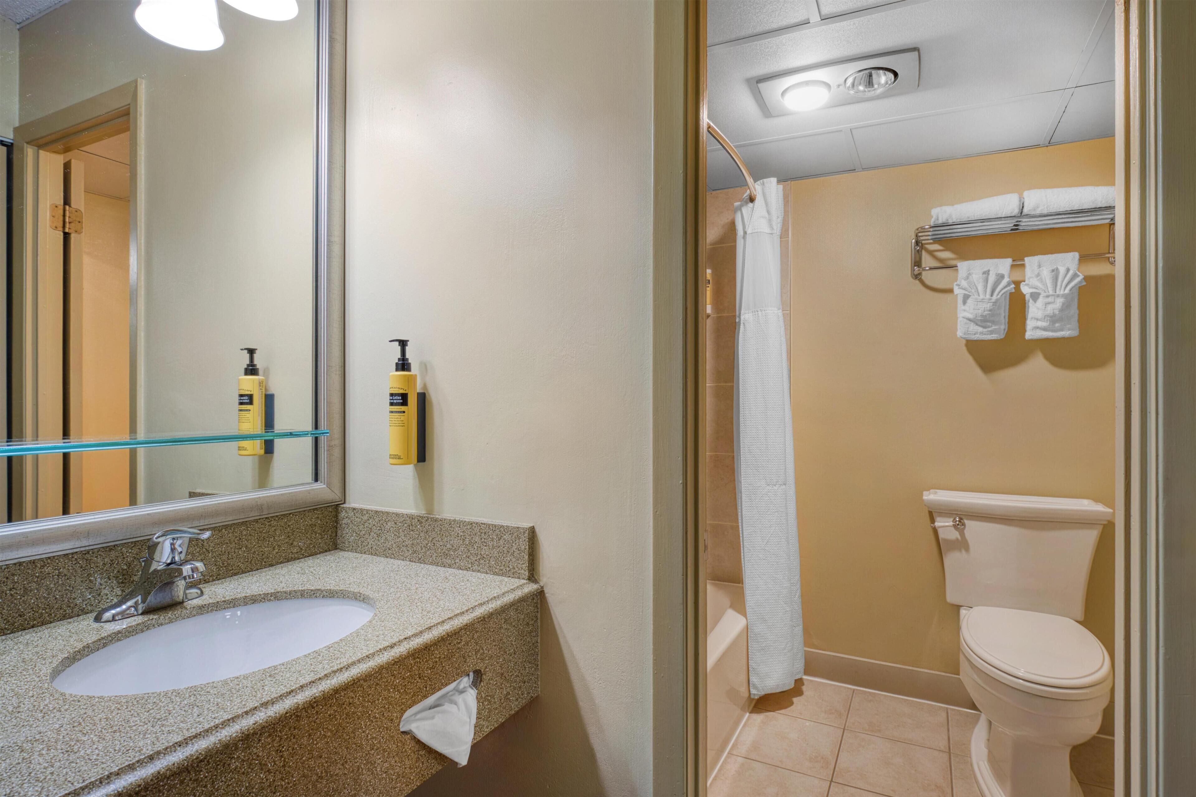 Une salle de bain équipée d’un lavabo, d’un miroir, d’articles de toilette, d’une douche et de toilettes.